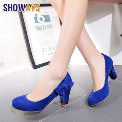 Big Size Sweet Bowtie Women Pumps Black Blue Flock Round Toe 7cm High Chunky Heel Casual Party Office Ladies Slip-on Dress Shoes