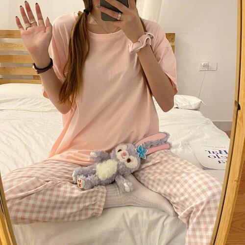 Korean Kawaii Pink Plaid Pajamas Sets Women Short Sleeve Solid Simple O-neck Length Pants Elastic Waist Leisure Loose Homewear
