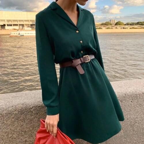 2020 Women Fashion V-neck Office Lady Mini Dress Solid A Line Sashes Women Dresses Long Sleeve Front Buttons Elegant Women Dress