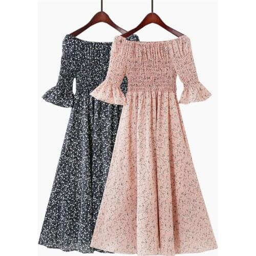 2019 New Fashion Spring Women Dress Slash Neck Chiffon Dresses Summer Print Dress Midi Long Lady Off Shoulder Dress Vestidos 780