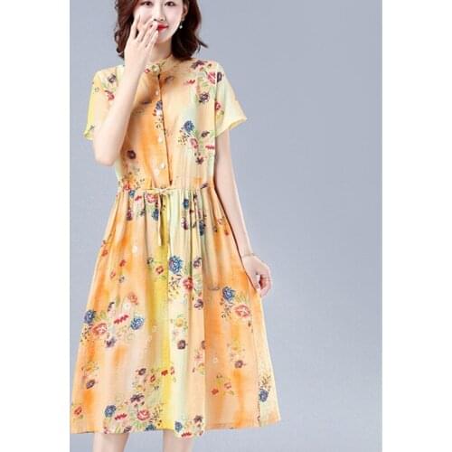 Solid Cotton Linen Elegant comfort Women Summer Dress Print Floral Vintage Dress Stand Button Blouse Dress Female Casual Dress