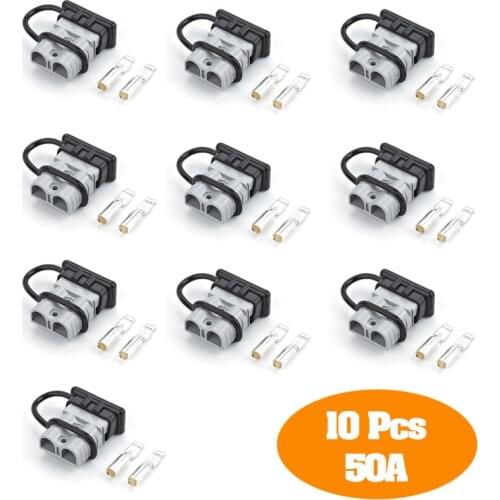 10 Pcs 50A 600V 6-12AWG Plug Connectors For Anderson Style With Dust Cap Cover Lips Silver plated Solid Copper Terminals Plug
