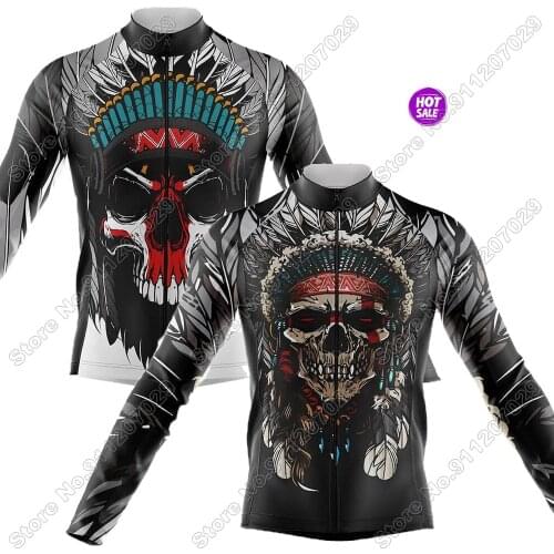 2021 Native Skull Cycling Jersey Long Sleeve Men Cycling Clothing Race Road Bike Shirts Bicycle Tops MTB Uniform Maillot