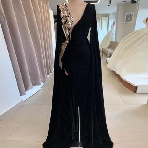 Abendkleider 2021 Black Velour Mermaid Evening Dresses Long Full Sleeves Delicate Beaded Sequined Flower Split Sexy Prom Gowns