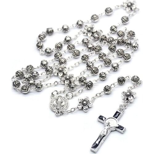 QIGO Antique Rose Rosary Necklace Long Alloy Beads Cross Pendant Necklace Religious Prayer Jewelry