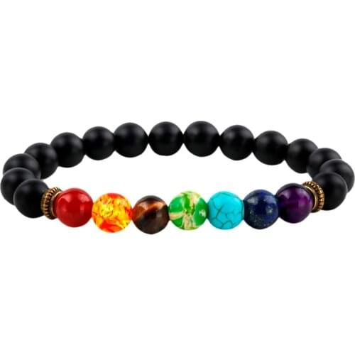 SUNYIK 7 Chakra Stone Bracelet,Frosted Black Onyx,Healing Energy,Balancing Reiki,Yoga Jewelry