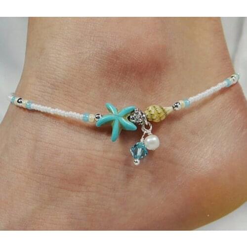 Lixiao Fashion Bohemian Imitation pearls Starfish Charms Bracelets Anklets For Women Summer Foot Chain Shell Jewelry Gift