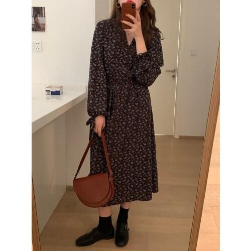 Elastic Waist Midi Long Dress Spring Lantern Sleeve Casual