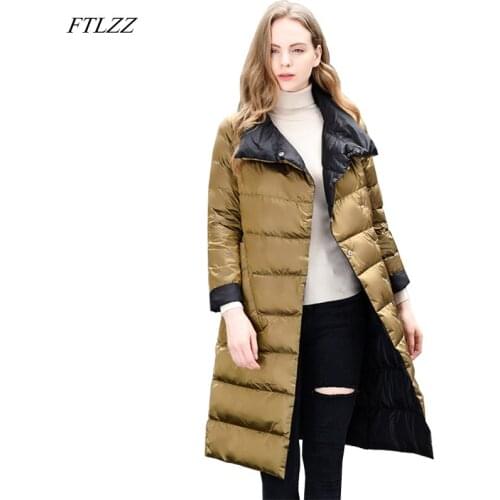 FTLZZ Women Winter New Light Thin Down Jacket Office Lady 90% Double Sided White Duck Overknee Warm Female Outerwear