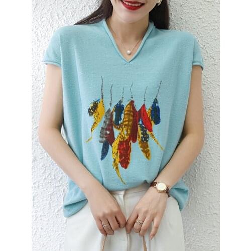 T-shirt women 2021 new summer pure cotton top women v-neck pullover short-sleeved knitwear plus size tees hot