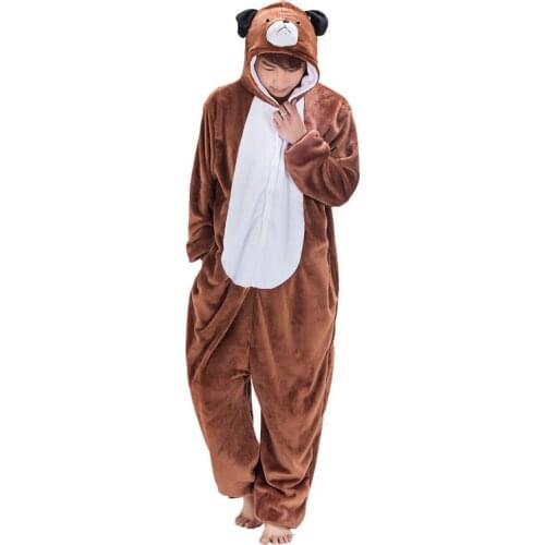 Brown Dog Kigurumis Adult Women Men Couple Onesie Funny Pajama Flannel Soft Sleep Suit Cartoon Animal Outfit Overall