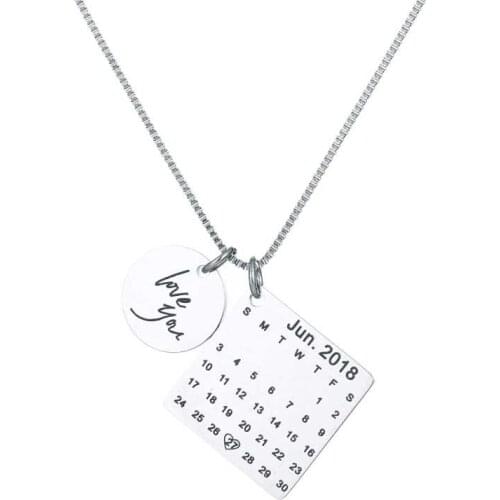 Personalized Calendar Necklace for Women Custom Stainless Steel Jewelry Engrave Date Birthday Wedding Anniversary Gifts