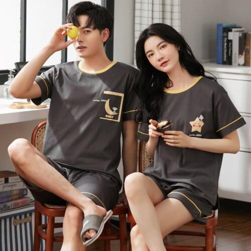 Couple Pajamas Set Leisure Soft 100% Cotton Women Sleepwear Summer Home Suit Simple Gray O-Neck Cartoon Nightwear For Men/women