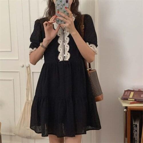 Alien Kitty Black Retro Mini Dress Patchwork Lace V-Neck Sexy Slim A-Line 2021 Summer High Waist Sweet Mujer Robe Prom Vestidos