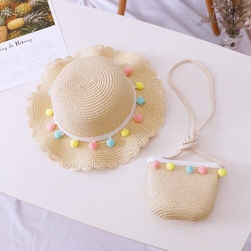 Kids Girls Large Wide Brim Straw Woven Sun Protection Beach Hat Colorful Pompom Ball Summer Floppy Bucket Cap Portable Handbag