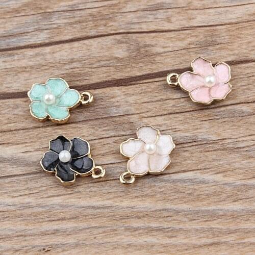 10PCS/Lot Gold Color Tone Colorful Oil Drop Flower Charm With Imitation Pearl Enamel Flower Pendant For DIY Jewelry Making