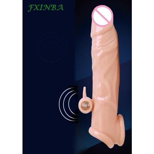FXINBA Realistic Vibrating Penis Sleeve Extender Big Cock Sleeve Dick Enlargement Delay Ejaculation Reusable Condom Men Sex Toy