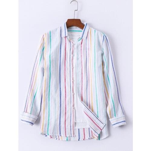 2021 New Linen Long Sleeve Mens Shirts Spring Autumn Striped Loose Turn-Down Collar Shirt Male Clothes Single-Breasted