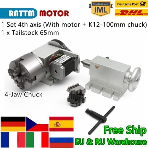 『RUS/EU Ship』CNC 4th Axis A aixs, Rotary Axis 4 Jaw Chuck 100mm K12-100mm+ 65mm Tailstock for Mini CNC Woodworking Engraving