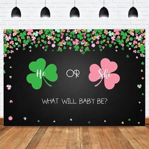 Lucky Shamrock He or She Baby Shower Backdrop Photocall Gender Reveal Party Photography Background Pink Green Clover Birthday