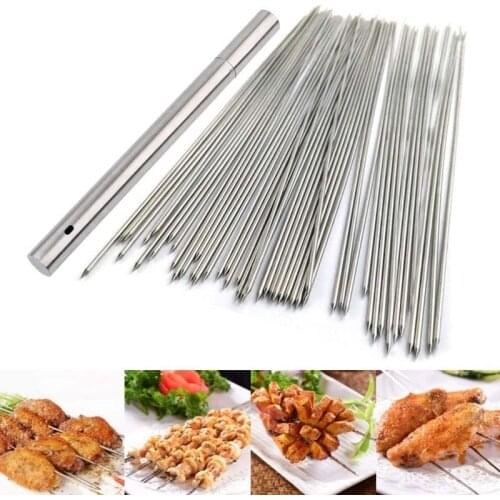 Kabob Skewers For Grilling Metal Stainless Steel Wide BBQ Skewers Set Reusable Sticks for Grilling, with Storage Tube
