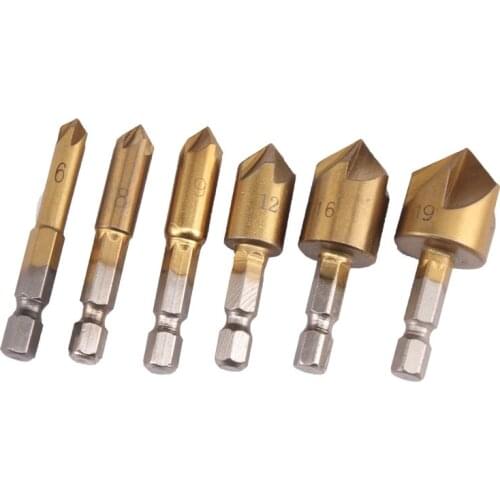 3pcs 6pcs HSS Chamfer Countersink Chamfer Drill Bit 1/4" Hex Shank 90 Degree Wood Chamfering Cutter 6mm-19mm