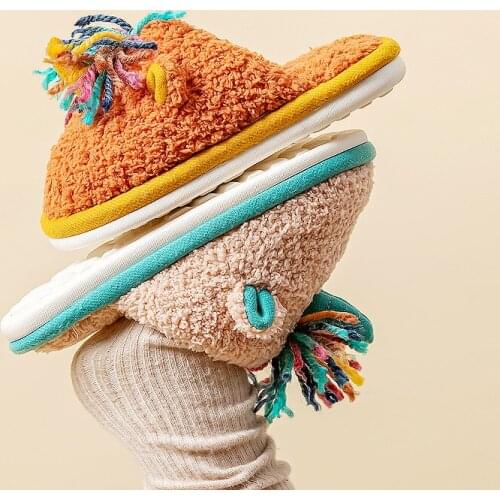 Girls Slippers Colorful Tassels Unicorn Winter Fuzzy Warm Plush Children Boys Indoor Slippers Soft Sole Anti Slip Kids Home Shoe