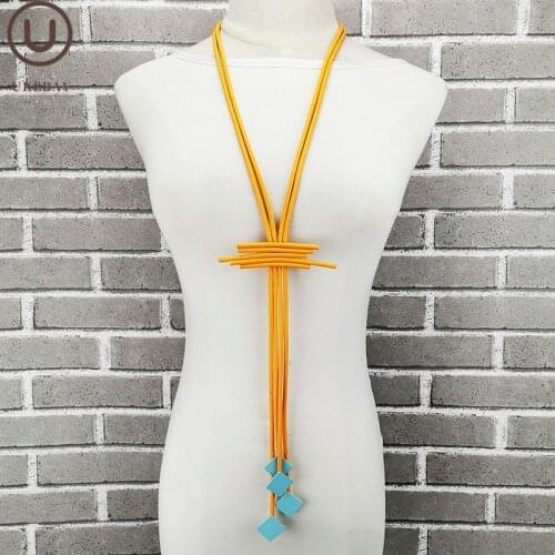 UKEBAY NEW Orange Pendant Necklaces Suqare Wood Necklace Women Long Sweater Chain 4 Color Handmade Rubber Jewelry Gift Wholesale