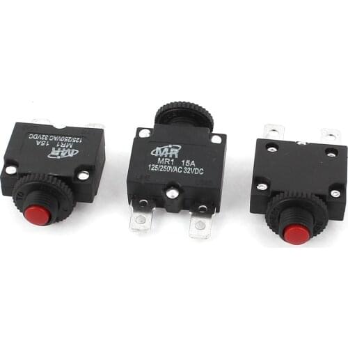 UXCELL 32V Ac 125V/250V 15A Push Button Reset Quick Connect Circuit Breaker 3Pcs