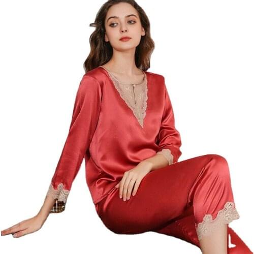 High quality Spring and summer silk pajamas womens suit 100% silk Lace 3/4 sleeve princess style home service