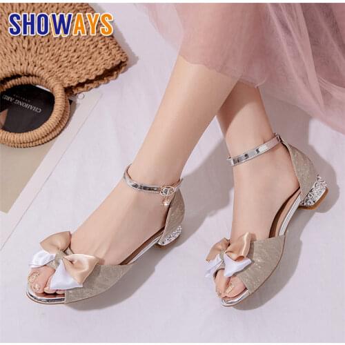 Lovely Bowtie Women Ankle Strap Sandals Glitter Pink Gold Low Square Heel Summer Office Wedding Party Lady Lolita Peep Toe Shoes