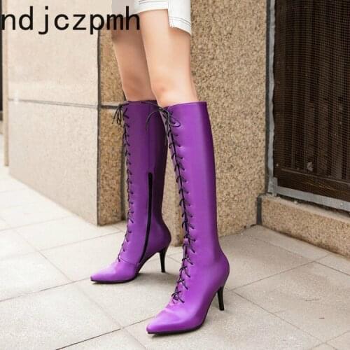 Womens Boots Autumn And Winter New fashion Pointed zipper Lace-up Fine heel High heel High tube Womens shoes plus size 30-46