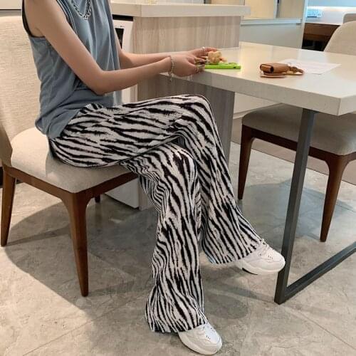 Streetwear striped print pleated wide leg pants women summer thin loose chiffon floor length trousers harajuku female long pants