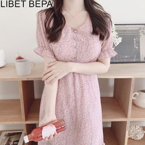 2021 New Women Summer Dresses Casual V-Neck High Waist Chiffon Print Floral Elegant Wild Korean Vintage Lady Midi Dresses DR3396