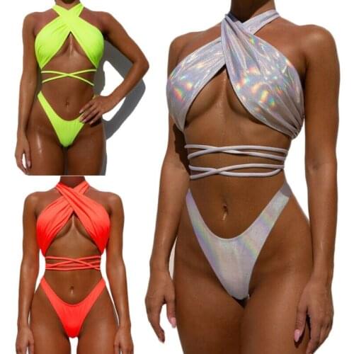Women Sequin Bikini Set Bandage Push-Up Padded Solid Color Bandage Sexy Fashion Swimwear Swimsuit Bathing