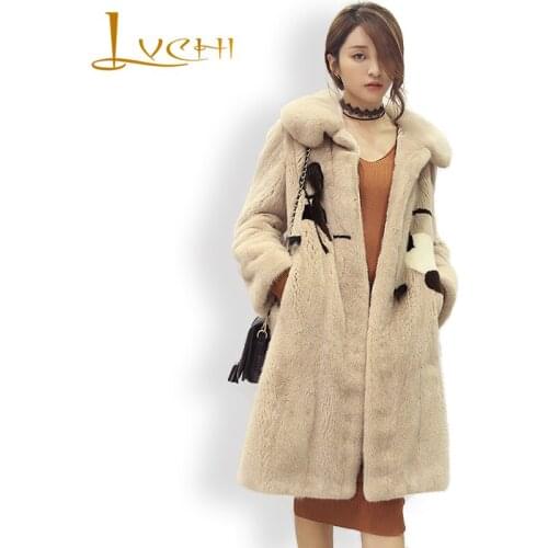 LVCHI 2019 Import Velvet real mink Coat Simple noble fur desgin Handmade floral print Fur mink medium slim womens coats