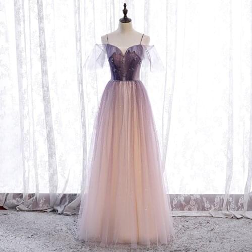 Bespoke Occasion Dresses V-Neck Short Pleat Beading Spaghetti Strap Lace Tulle Gradient Purple Women Formal Evening Gown HB218