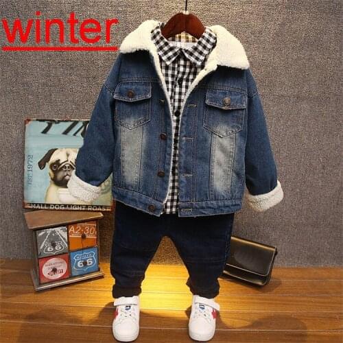 Winter Boys Clothing Sets Kids Plush denim jacket + plush shirt + plush pants 3Pcs Children Sport Suits Baby Boys Clothes Set