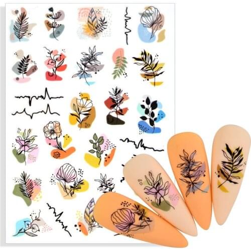 1 Sheet Colorful Mosaic Abstract Lady Face Nail Sticker Adhesive Black Leaf Sliders Paper Nail Art Decor Decals Manicure Foils