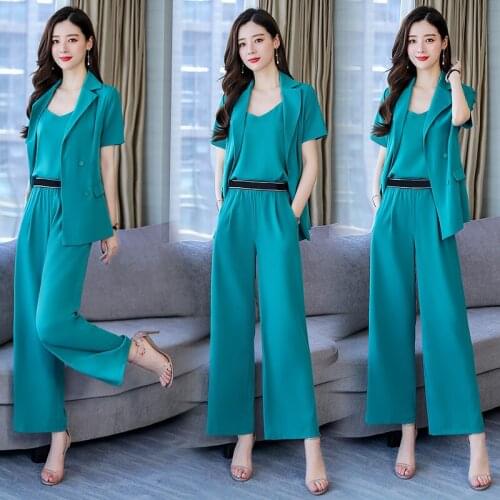 2021 Summer Women 3 pieces suit short sleeve Top blouse coat cardigan+vest+wide leg Pants trousers office lady three pieces set