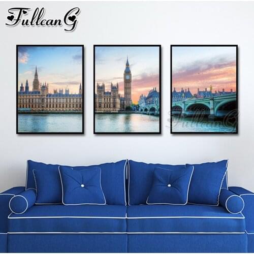 FULLCANG 5d diy diamond embroidery sale London Scenic Clock Tower diamond painting triptych full square round drill FC3433