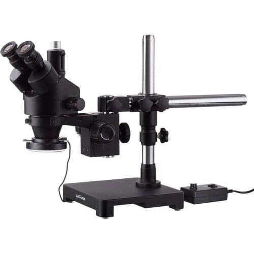 AmScope 7X-90X Black Trinocular Stereo Zoom Microscope on Single Arm Boom Stand + 144 LED Ring-light