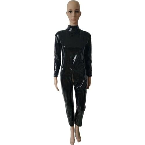 Men Women PVC Faux Leather Bodysuit Cosplay Costumes Catsuit Clubwear back double zipper