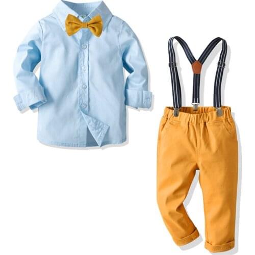 Children Suit boys Cotton Long-sleeved Shirt Suspenders Trousers 2pcs Childrens Baby Banquet Dress Suit School season clothing