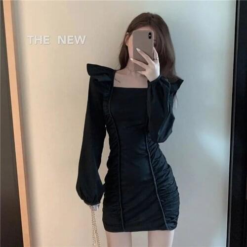 Korean Fashion Summer Puff Sleeve Black Mini Dress for Women Sexy O Neck Mini Slim Wrap Bodycon Dresses Vestido De Mujer