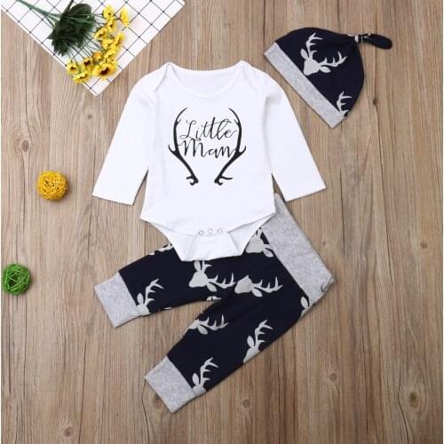 Babys Clothing Set Letter Pattern Long Sleeve Bodysuit and Elk Print Pants and Hat Three-piece Set for Toddler Boys Girls