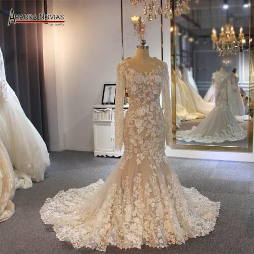 Long sleeves lace mermaid wedding dress for muslim girl customer order color