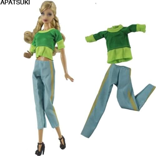 Green Blue Patchwork Fashion Doll Clothes for Barbie Doll Accessories Outfits Top Shirt & Pants Set For 11.5" BJD Kid Toys 1/6