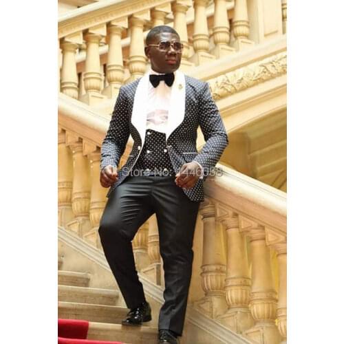 2018 Costume Homme Fashion Black White Lapel Men Dots Wedding Suit Tuxedo Groom Wedding Party Suits For Men Bridegroom Groomsmen