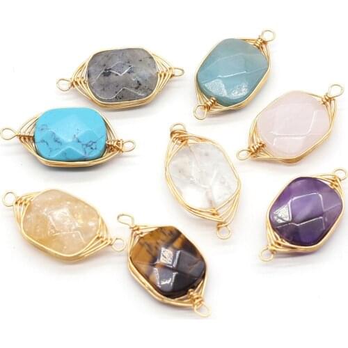 Natural Semi Precious Stone Connector Rectangle Winding Copper Wire Accessories Made By DIY Necklace Bracelet Package Sale